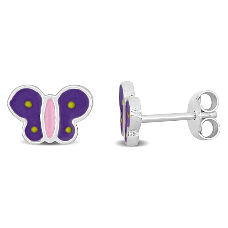 Children's Purple and Pink Enamel Butterfly Stud Earrings in Sterling Silver