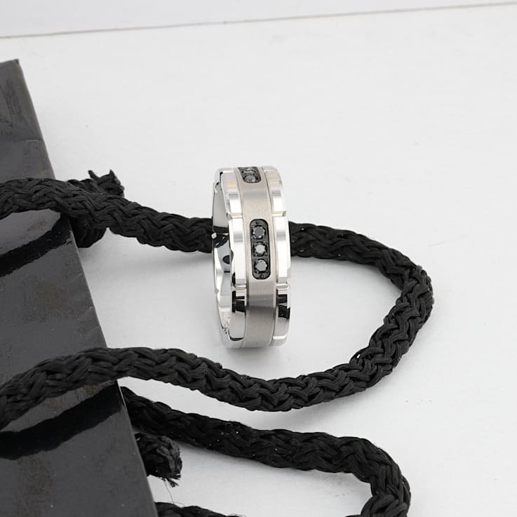 VALOR Grooved Tungsten Ring with Silver Inlay & Black Diamonds - 8mm