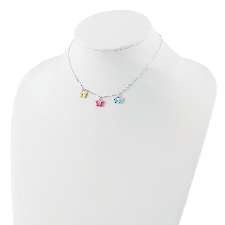 Sterling Silver Polished Enameled Three Butterfly Children's Necklace