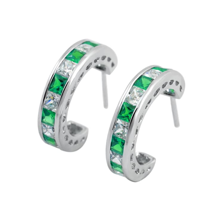 Emerald Color CZ Inside-Out Hoop Earrings In Sterling Silver