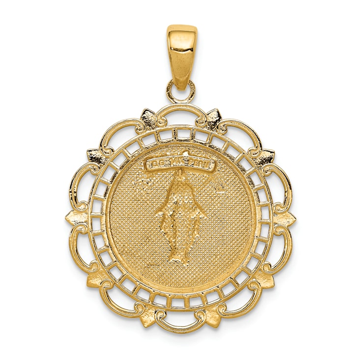 14K Yellow Gold Polished Miraculous Medal With Scallop Frame Pendant