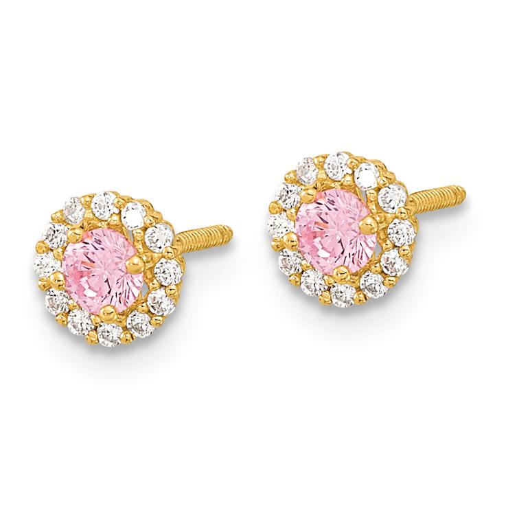 14k Yellow Gold Polished 5.35mm Pink and Clear Cubic Zirconia Stud Earrings