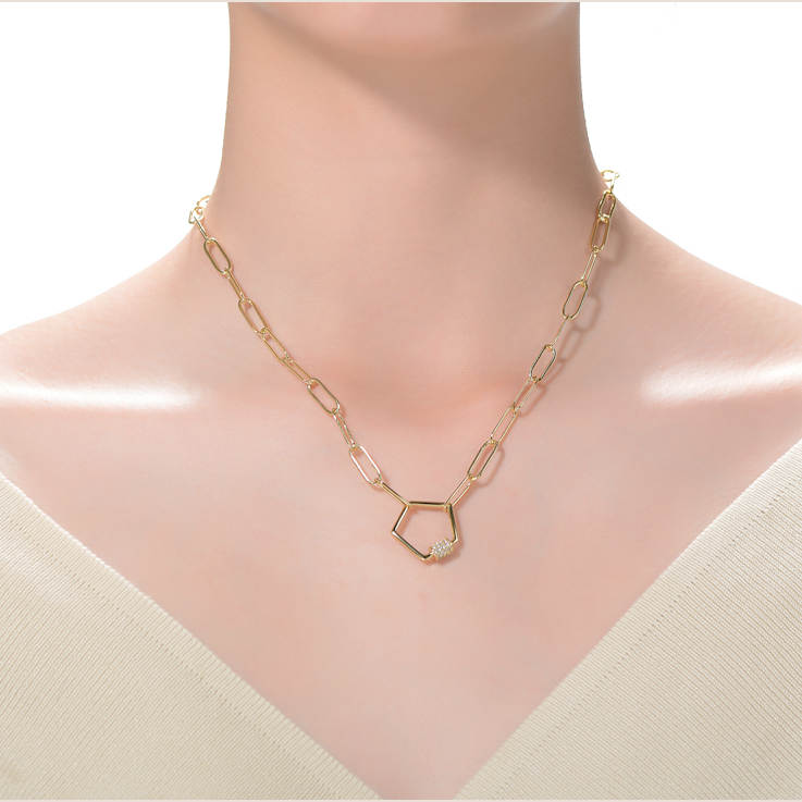 Pave CZ Pentagon Charm Station Necklace In 14K Gold Over Brass