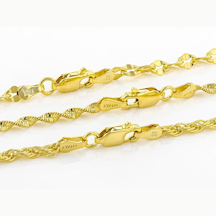 Herringbone, Mirror And Rope Chain Necklace Set In 18K Gold Over Bronze