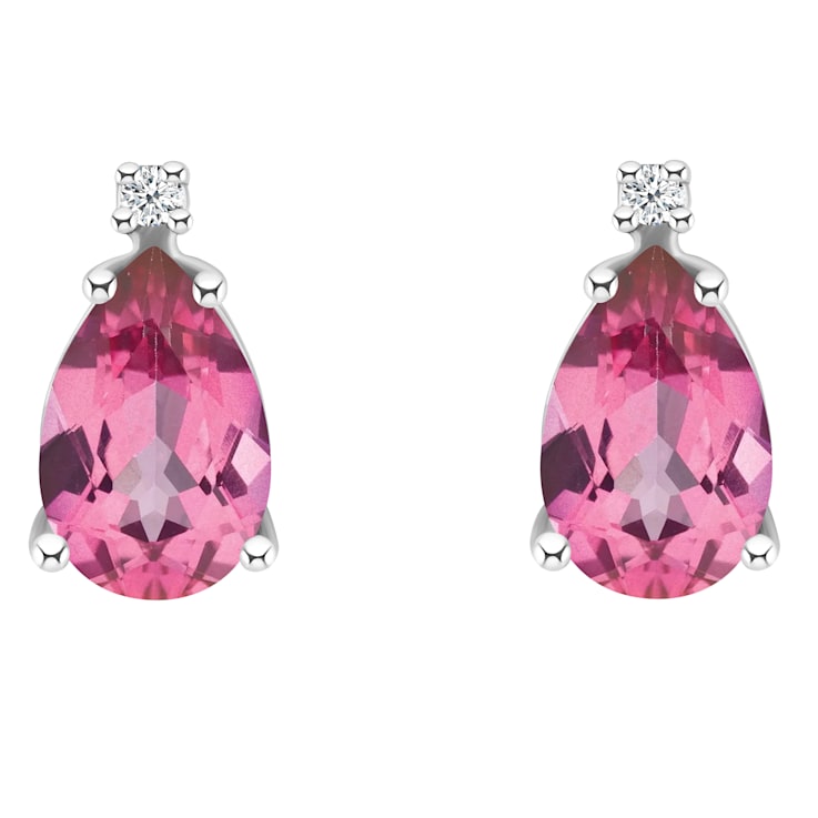 8x5mm Pear Shape Pink Topaz with Diamond Accents 14k White Gold Stud Earrings