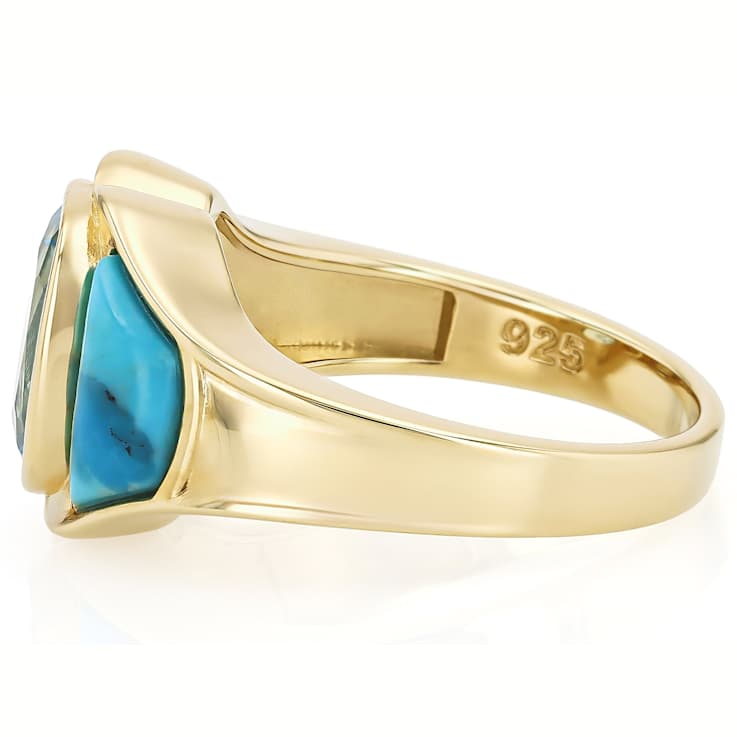 Turquoise And Sky Blue Topaz Ring In 18K Gold Over Sterling Silver 3.00ct