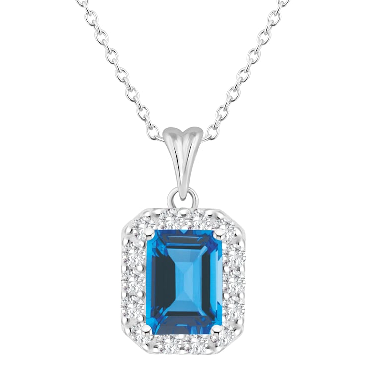 8x6mm Emerald Cut Swiss Blue Topaz and White Topaz Rhodium Over Sterling
Silver Halo Pendant w/Chain