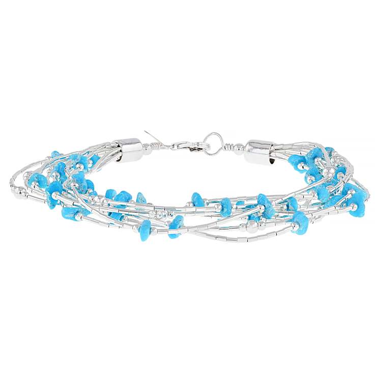 Turquoise And Silver Bead Multi-Row Bracelet In Sterling Silver