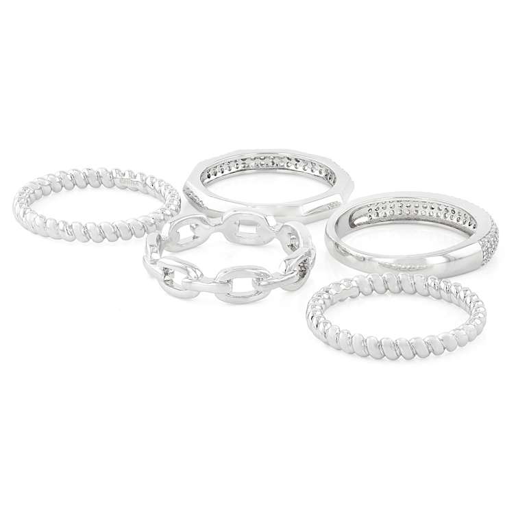 Stackable Ring Set With CZ In Rhodium Over Brass 1.07ctw
