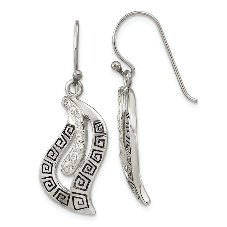 Sterling Silver Antiqued and Textured Cubic Zirconia Greek Key Leaf
Dangle Earrings