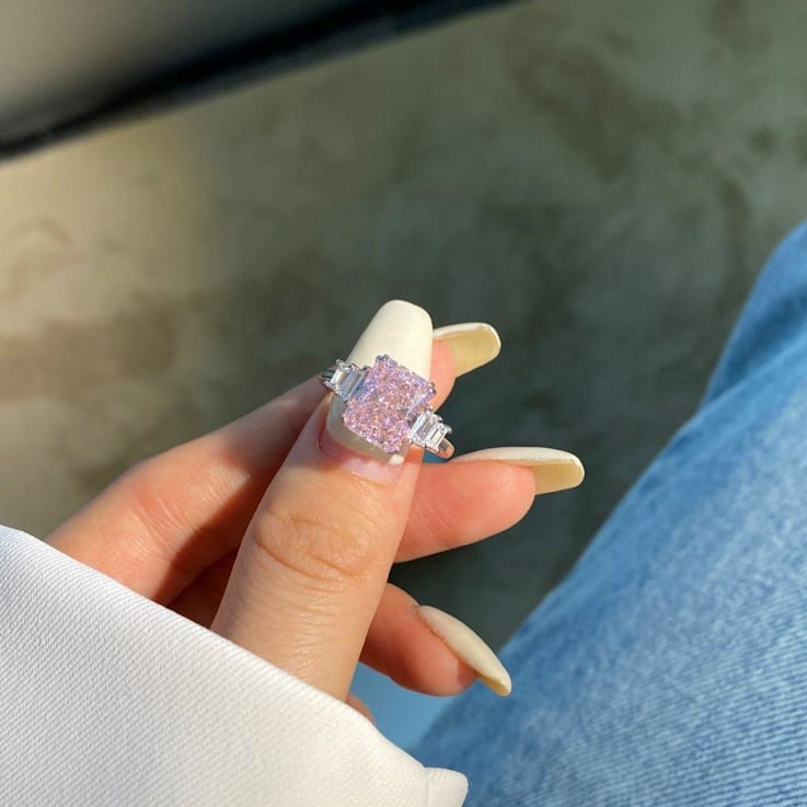 Radiant Cut Pink CZ and Baguette White Cubic Zirconia Sterling Silver Ring