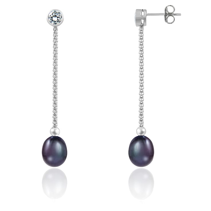 7.5-8mm Black Cultured Freshwater Pearl Rhodium Over Sterling Silver Earrings