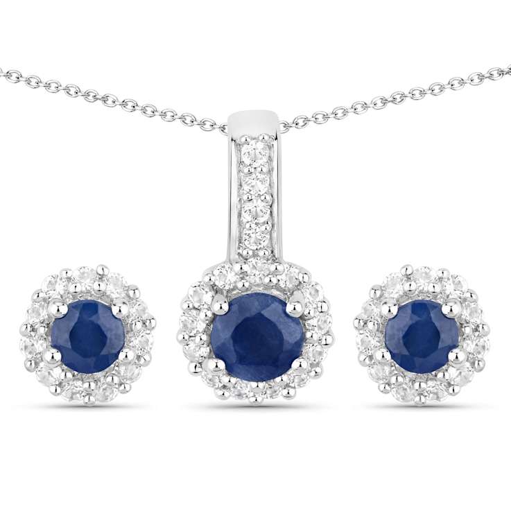 Blue Sapphire And White Topaz Pendant And Earring Set In Sterling Silver