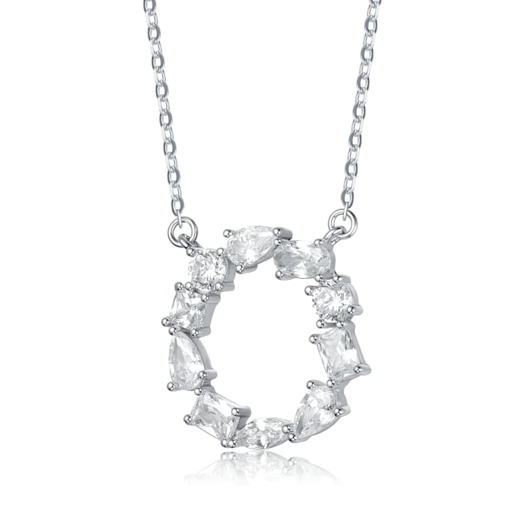 Initial O Mixed Cut CZ Pendant Necklace In Sterling Silver 18 Inch