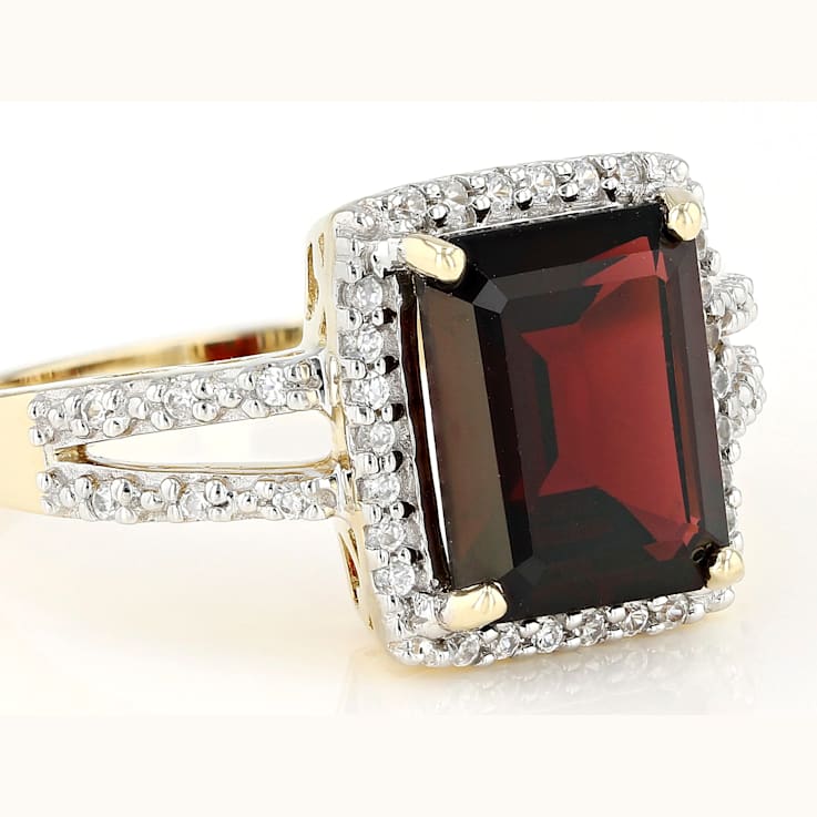 Garnet Emerald Cut And White Zircon Ring In Solid 14K Yellow Gold 3.67ctw