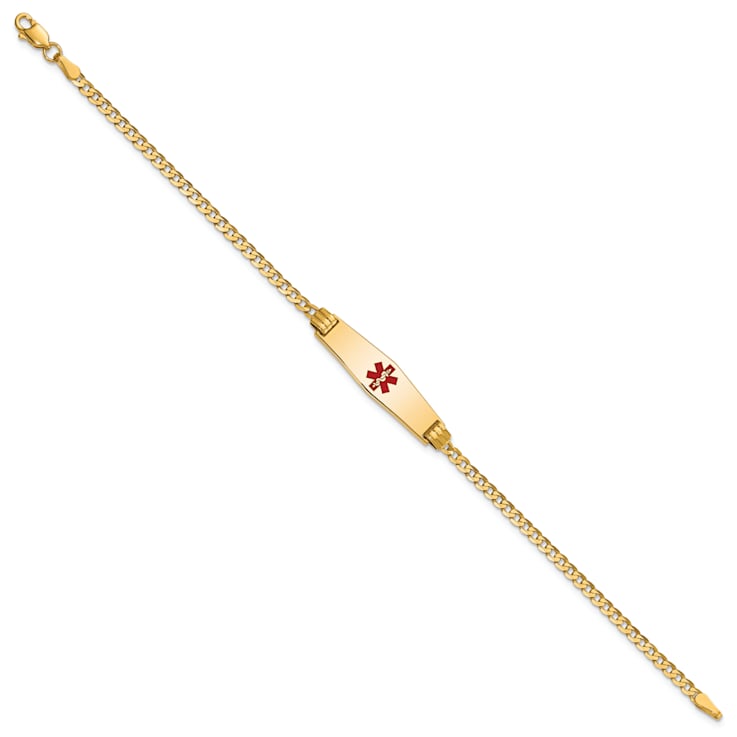 14k Yellow Gold Medical Soft Diamond Shape Red Enamel Curb Link ID Bracelet