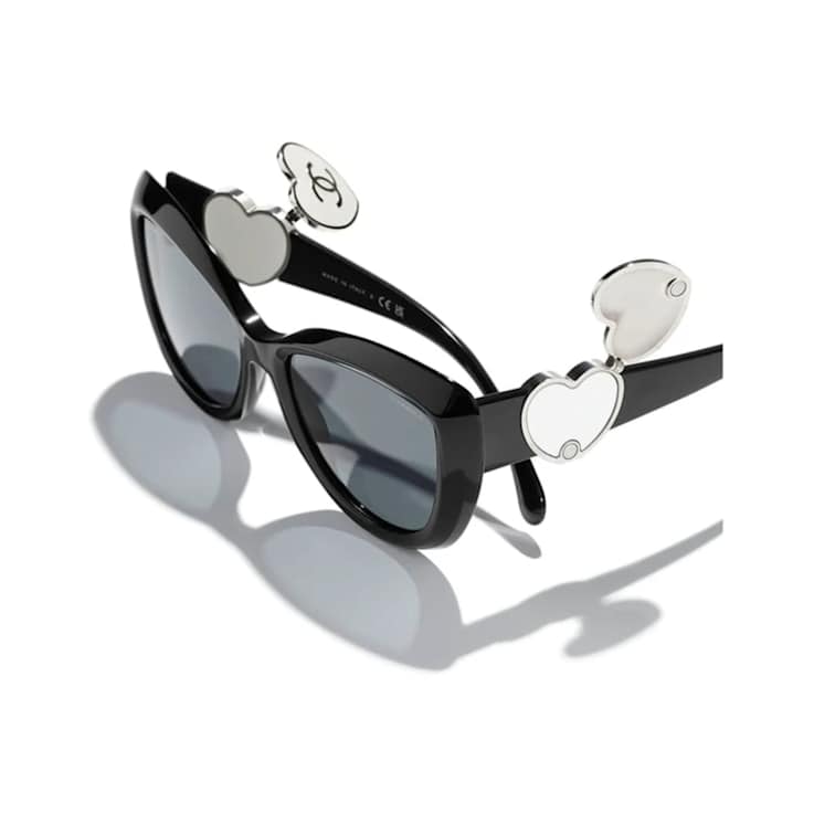 Chanel Black Cat Eye with Silver Tone Heart Detail Frame / Gray Lenses Sunglasses