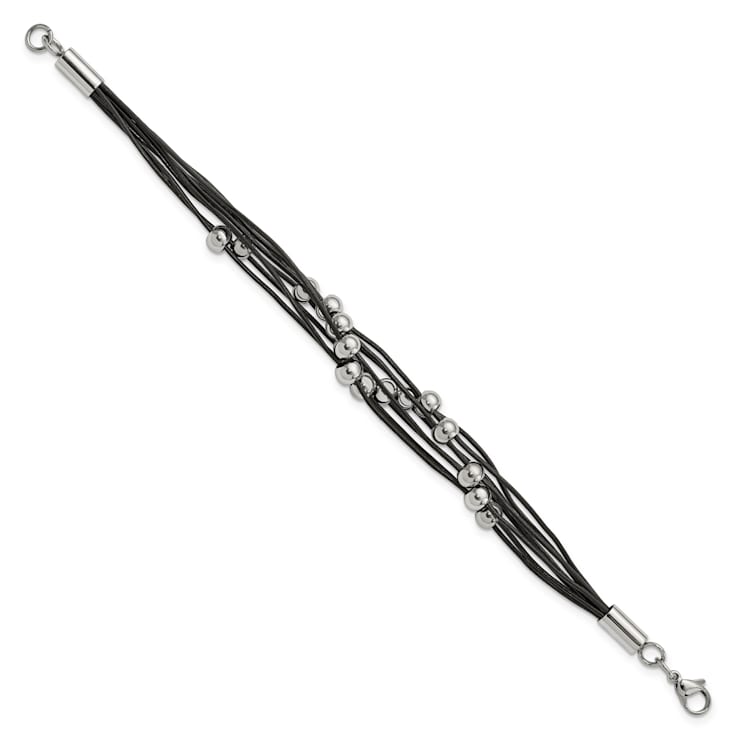 Black Leather and Stainless Steel Polished Beaded Multi-Strand 8-inch Bracelet
