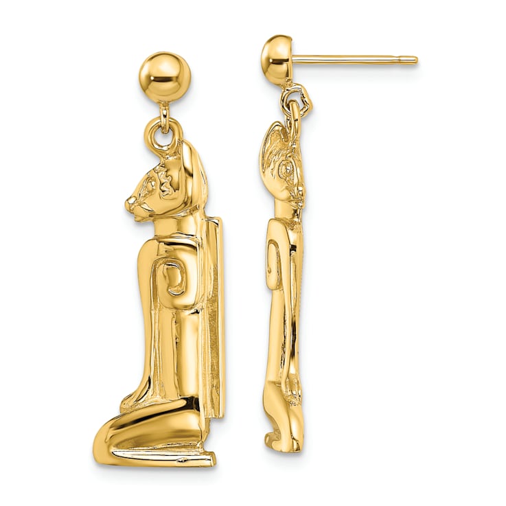 14K Yellow Gold 2D Marco Island Cat Dangle Earrings