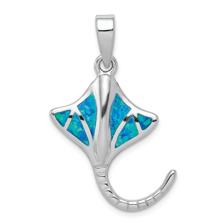 Rhodium Over Sterling Silver Lab Created Blue Opal Stingray Pendant