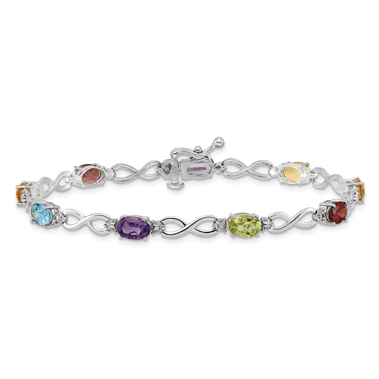Rhodium Over 14k White Gold Rainbow Gemstone and Diamond Infinity Bracelet