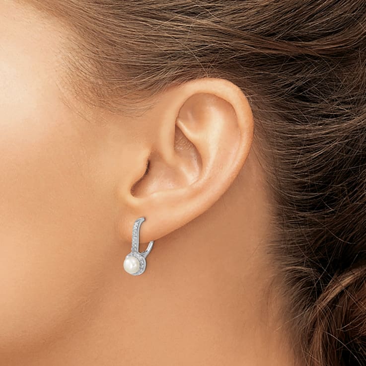 Rhodium Over Sterling Silver Freshwater Cultured Pearl and CZ Halo
Leverback Dangle Earrings