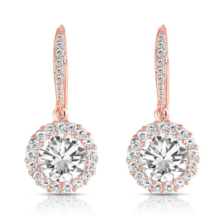 CZ Halo Drop Earrings In 18K Rose Gold Over Sterling Silver