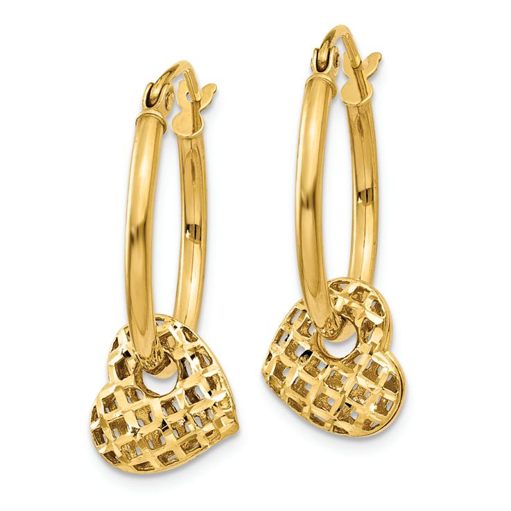 14k Yellow Gold 7/8" Moveable Heart Dangle Hoop Earrings