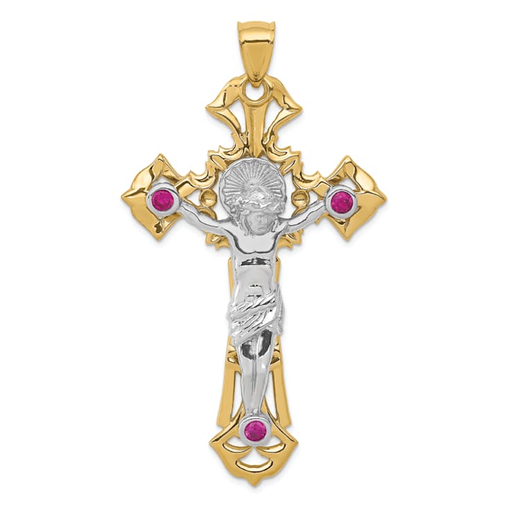 14k Yellow Gold and 14k White Gold Polished and Textured with Red Cubic
Zirconia Crucifix Pendant
