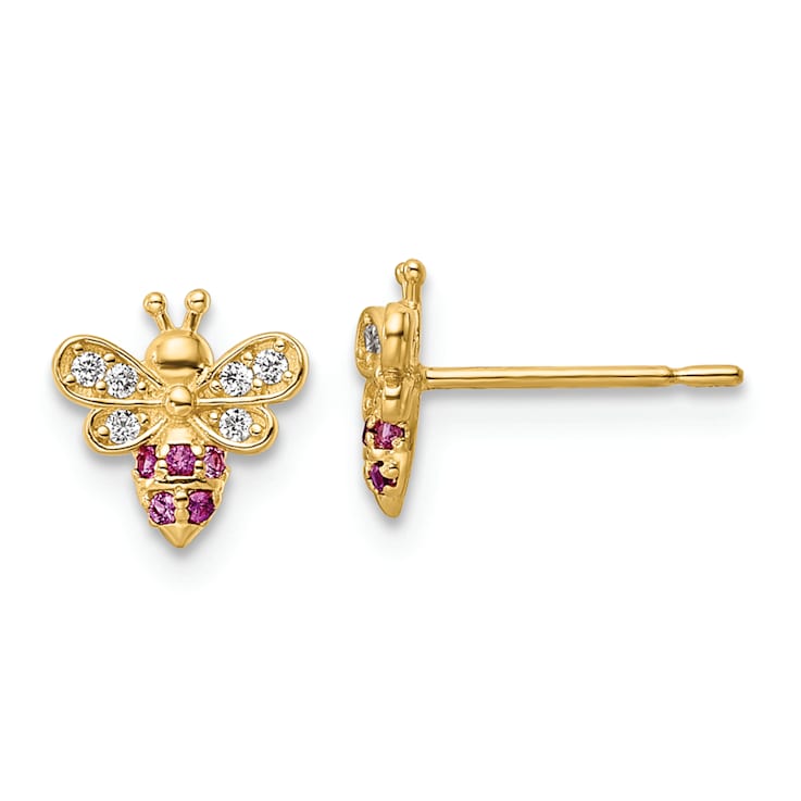 14K Yellow Gold Clear and Red Cubic Zirconia Bee Post Earrings