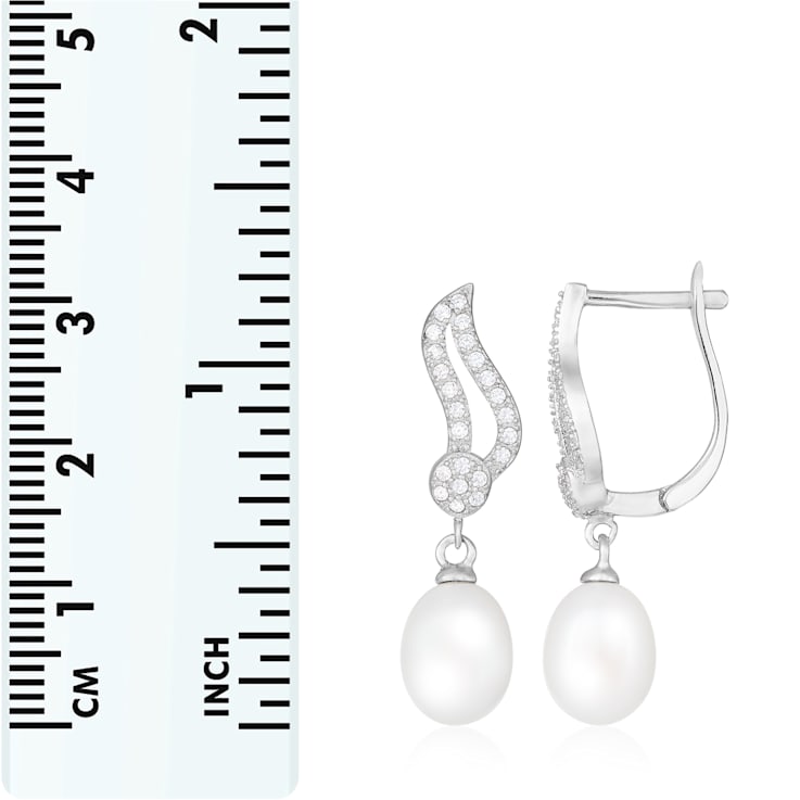 7-8mm White Cultured Freshwater Pearl and Cubic Zirconia Rhodium Over
Sterling Silver Earrings