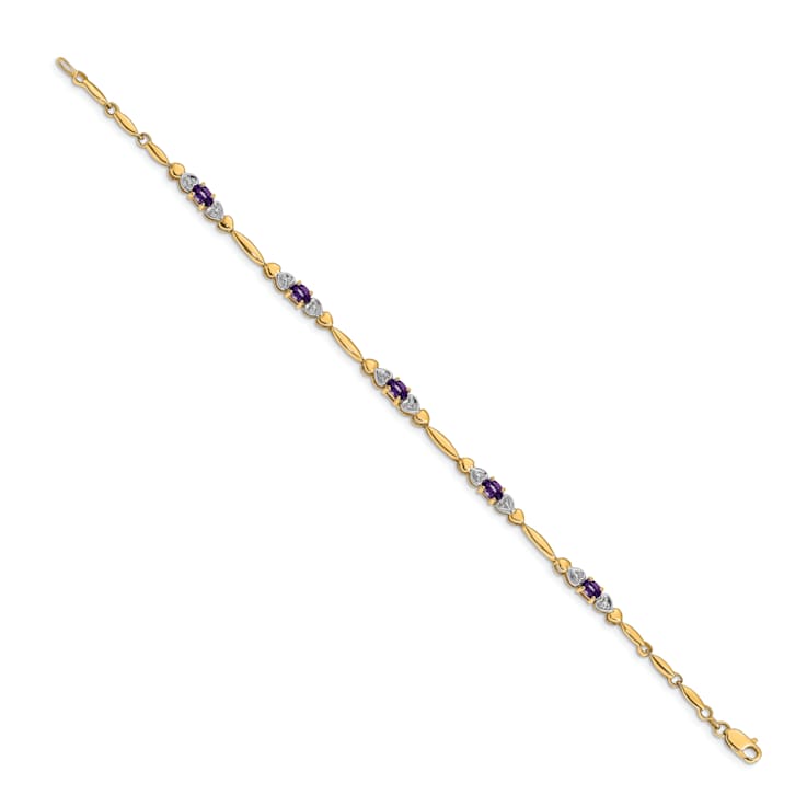 14k Yellow Gold and Rhodium Over 14k Yellow Gold Diamond and Amethyst Bracelet
