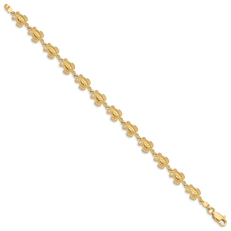 14k Yellow Gold Textured Swimming Sea Turtle Link Bracelet