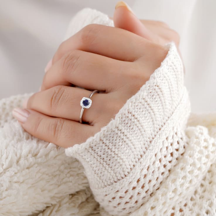 Rhodium Over Sterling Silver Round Blue Sapphire and Moissanite Halo Ring