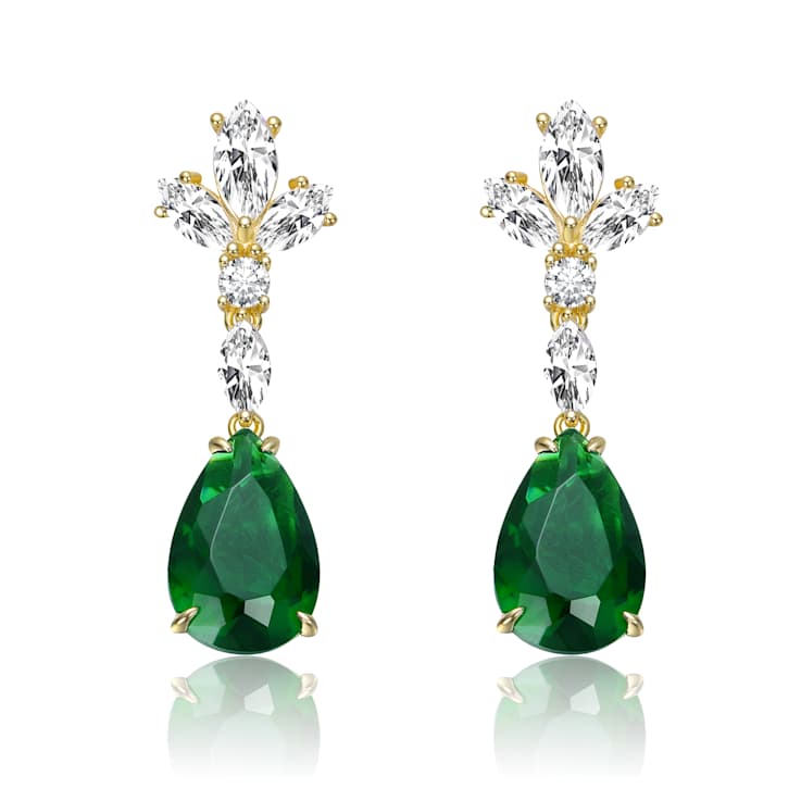 Emerald Color CZ Cluster Drop Earrings In 14K Gold Over Sterling Silver 19.29ctw