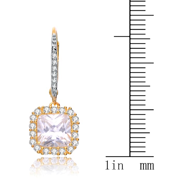Square CZ Halo Drop Earrings In 14K Gold Over Sterling Silver