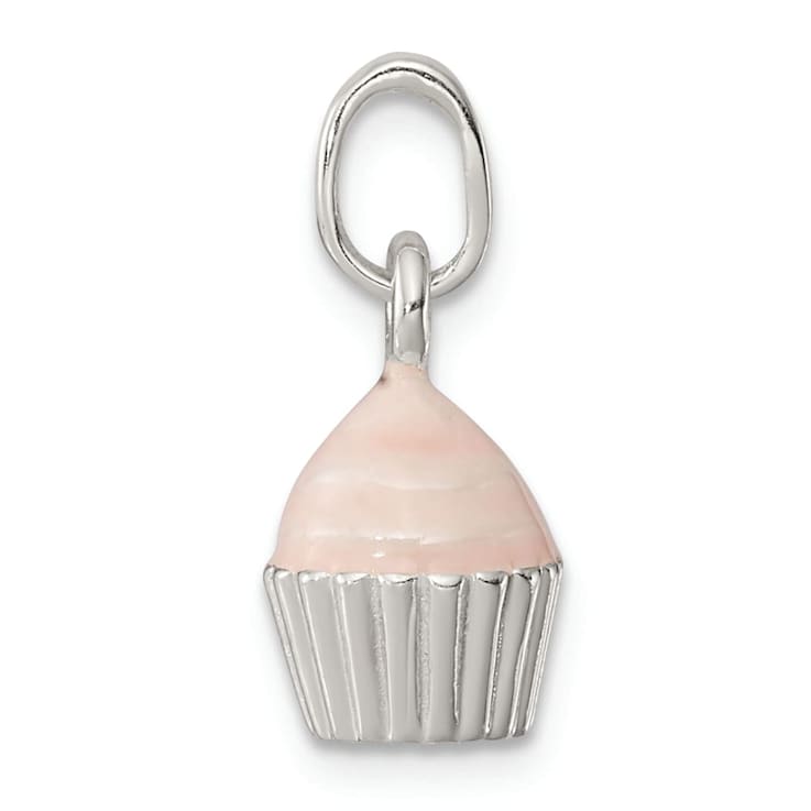 Sterling Silver Polished and Pink Enameled Cupcake Children's Pendant