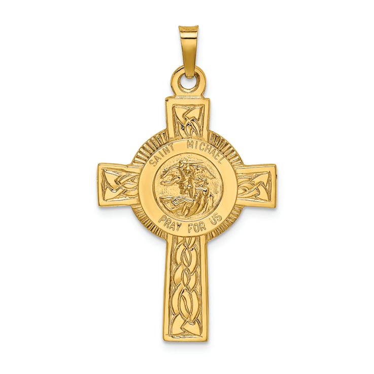14k Yellow Gold Cross with Saint Michael Medal Pendant