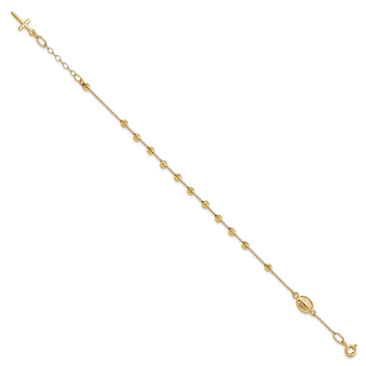 14K Yellow Gold Polished Diamond-cut Cross and Miraculous Medal 0.75
Inch Extension Bracelet