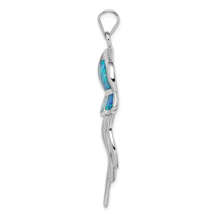 Rhodium Over Sterling Silver Polished Lab Created Blue Opal Jellyfish Pendant