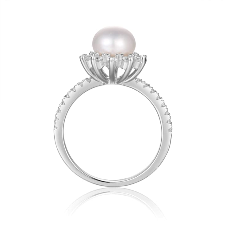 Freshwater Pearl and Moissanite Rhodium Over Sterling Silver Halo Flower
Design Ring