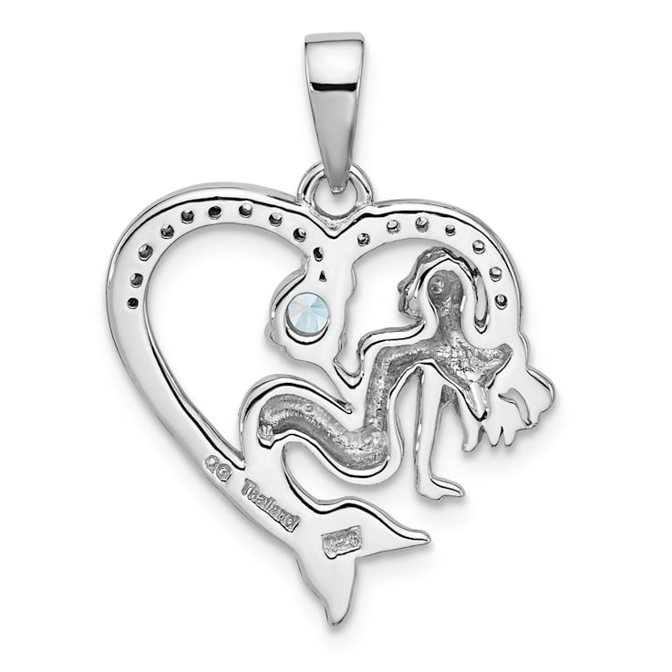 Rhodium Over Sterling Silver Antiqued Cubic Zirconia Mermaid Heart Pendant