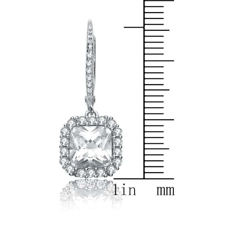 Square CZ Halo Drop Earrings In Sterling Silver