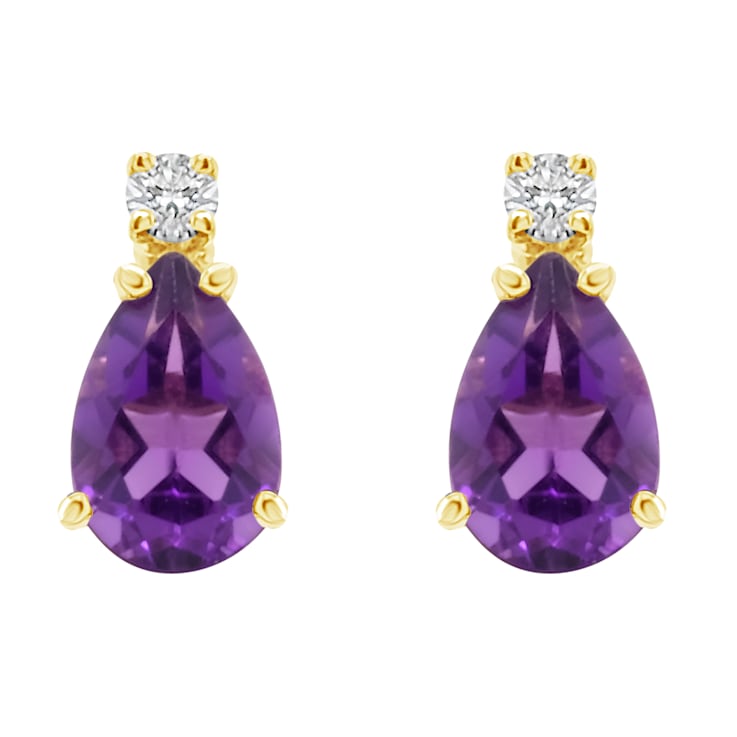 6x4mm Pear Shape Amethyst with Diamond Accents 14k Yellow Gold Stud Earrings