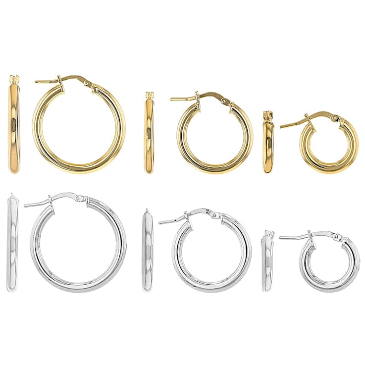 Set Of 6 Hoop Earrings In 18K Gold Over Bronze and Rhodium Over Bronze