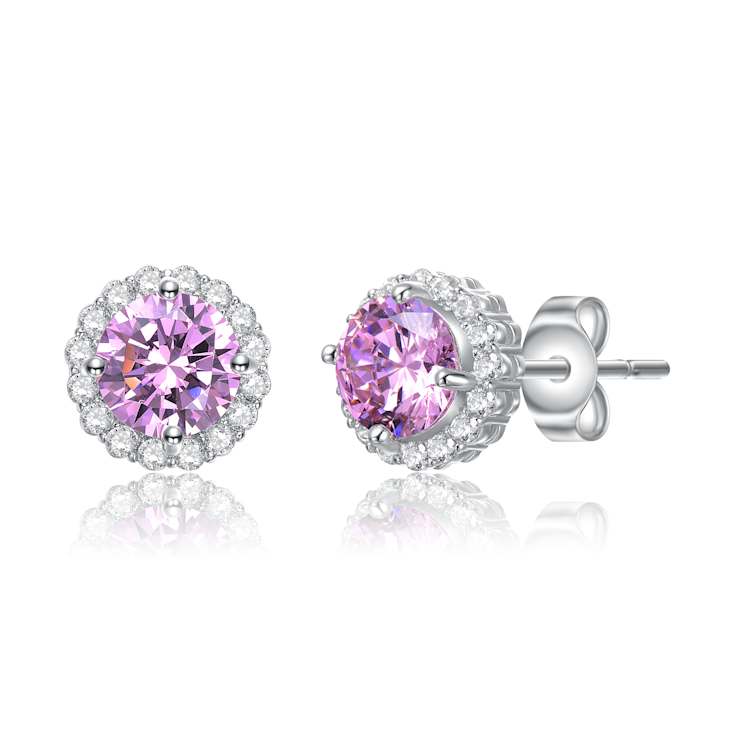 Pink CZ Halo Stud Earrings In White Rhodium Over Brass