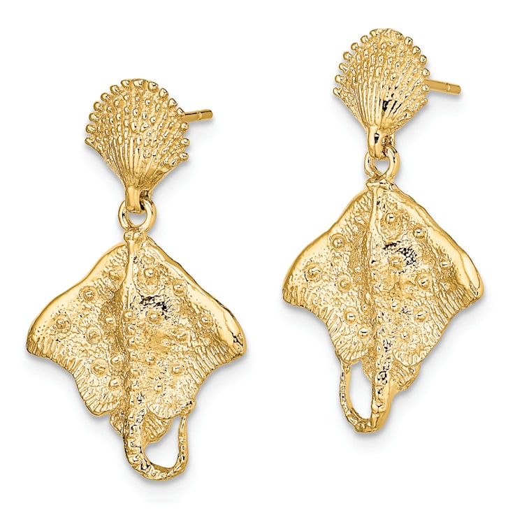 14k Yellow Gold Textured Shell and Stingray Dangle Earrings