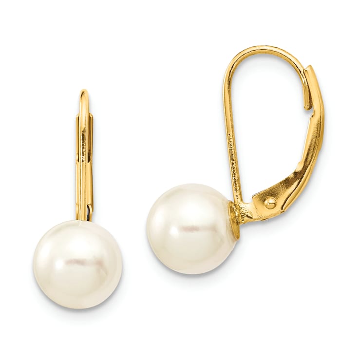 14K Yellow Gold 7-8mm White Round Saltwater Akoya Cultured Pearl
Leverback Earrings