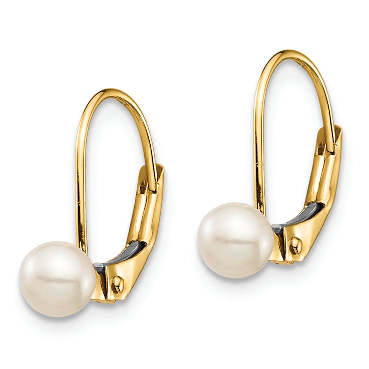 14K Yellow Gold 4-5mm White Round Freshwater Cultured Pearl Leverback Earrings
