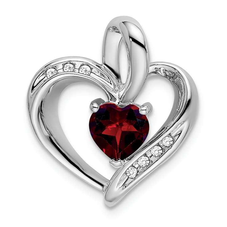 Rhodium Over 10k White Gold 0.99 ctw Garnet and Accent Diamond Heart Pendant